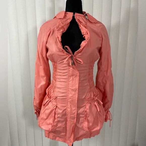 BLANC NOIR Sample Smocked Waist Nylon Anorak Windbreaker Hoodie Jacket Coral S - Picture 4 of 16